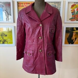 Vintage 70s berry leather coat w/ brass buttons + zip-out faux-fur lining